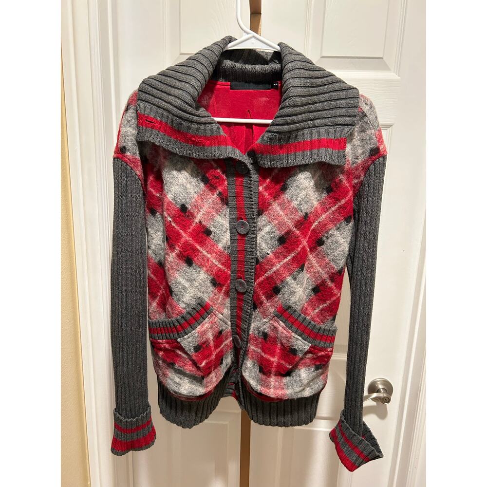 L.A.M.B Boiled Wool Cashmere Plaid Cardigan, Red/Gray, Medium - Picture 4 of 7